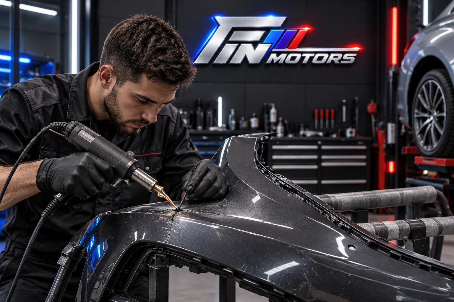 Ремонт трещины пластикового бампера на рабочем стенде Fin Motors