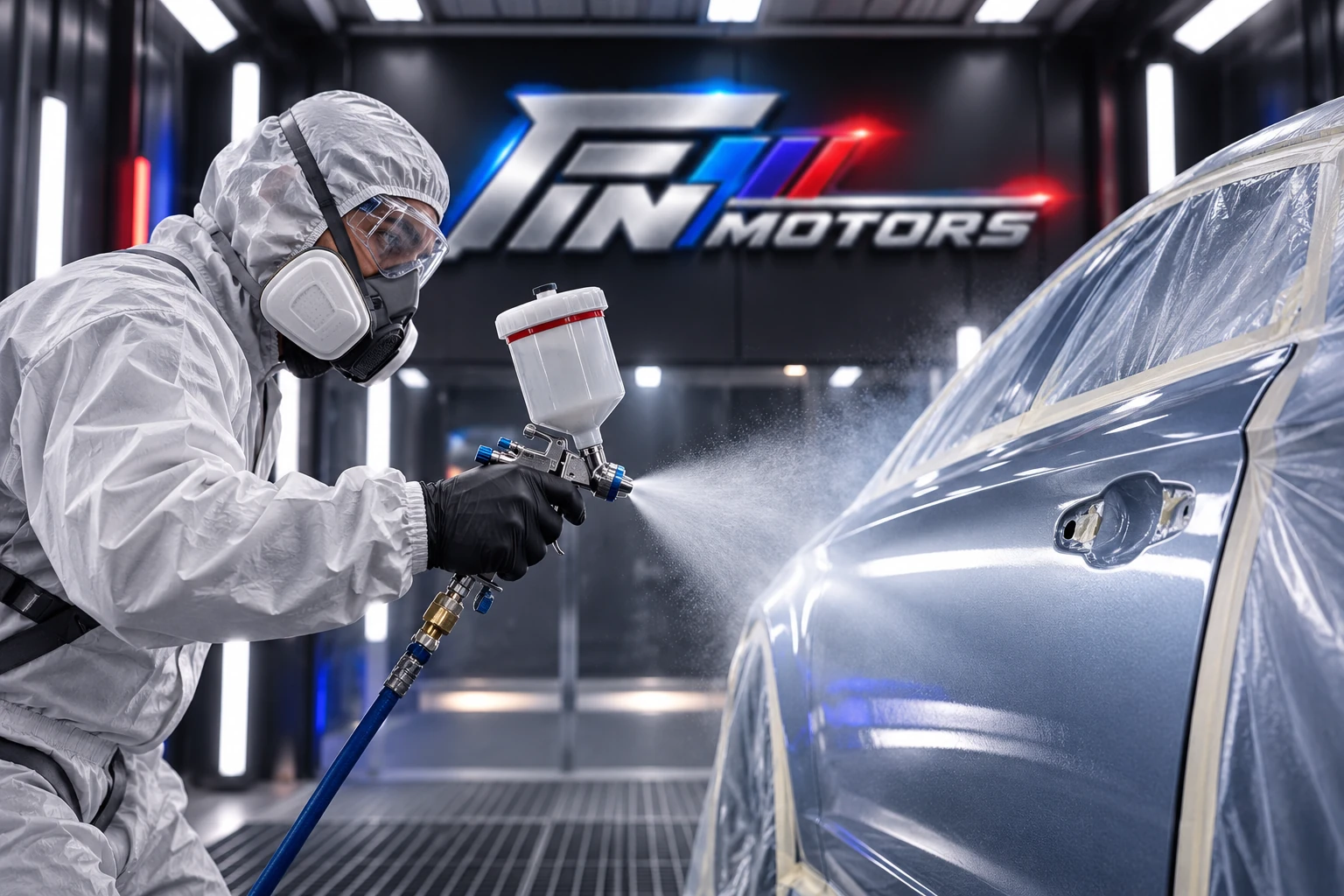 Покраска автомобиля краскопультом в окрасочной камере с логотипом Fin Motors